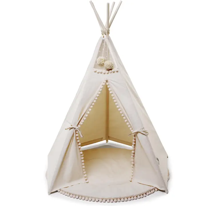 Boho Tipi Kinderzelt und Spielmatte mit PomPoms, mit stabilen, langlebigen Holzstäben; Stoff aus zertifizierter Baumwolle 
